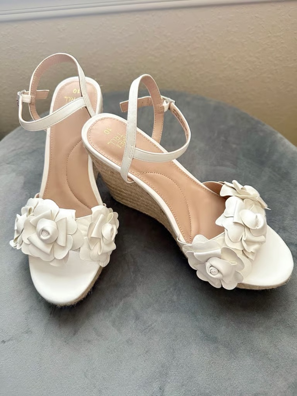 Time and Tru White Floral Ankle-Strap Espadrille Wedges